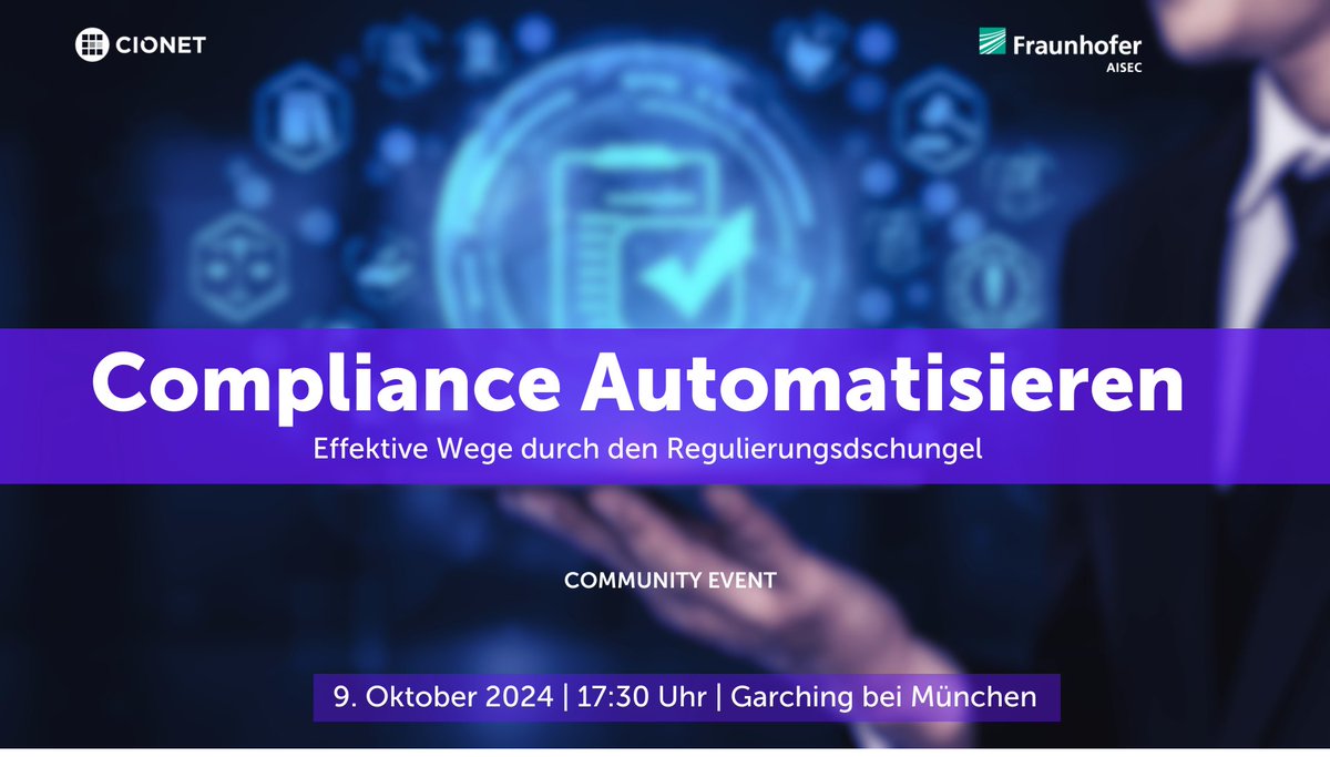 FraunhoferAISEC's tweet image. #NIS2: Worauf müssen Sie sich vorbereiten?
Beim @CIONET #CommunityEvent »Compliance Automatisieren« am 09.10.2024 zeigen Prof. Claudia Eckert & Christian Banse, wie Sie Gesetzesvorgaben zur Optimierung von Sicherheitsprozessen nutzen können.
Mehr Infos: cionet.com/de-compliancea…