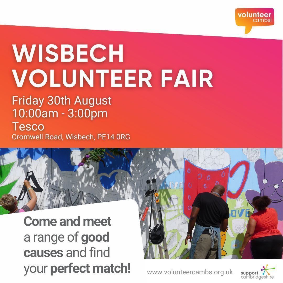 Tomorrow!

Are you interested in volunteering?

Come and find the Volunteer Cambs team at Wisbech Volunteer Fair on Friday 30 August at Wisbech Tesco Extra.

Tesco, Cromwell Rd, Wisbech PE14 0RG 
10am - 3pm

Come and see what volunteering opportunities are available.

#Fenland
