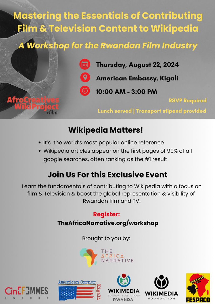 OSKRwanda's tweet photo. Yesterday, Wikimedia Rwanda, in partnership with @TheAfrNar , the U.S. Embassy in #Rwanda, and @CineFemmes Rwanda, hosted a workshop aimed at engaging Rwandan filmmakers in contributing to Wikimedia projects, particularly @Wikipedia and @WikiCommons 

1/2 https://t.co/pcgABCC1DB