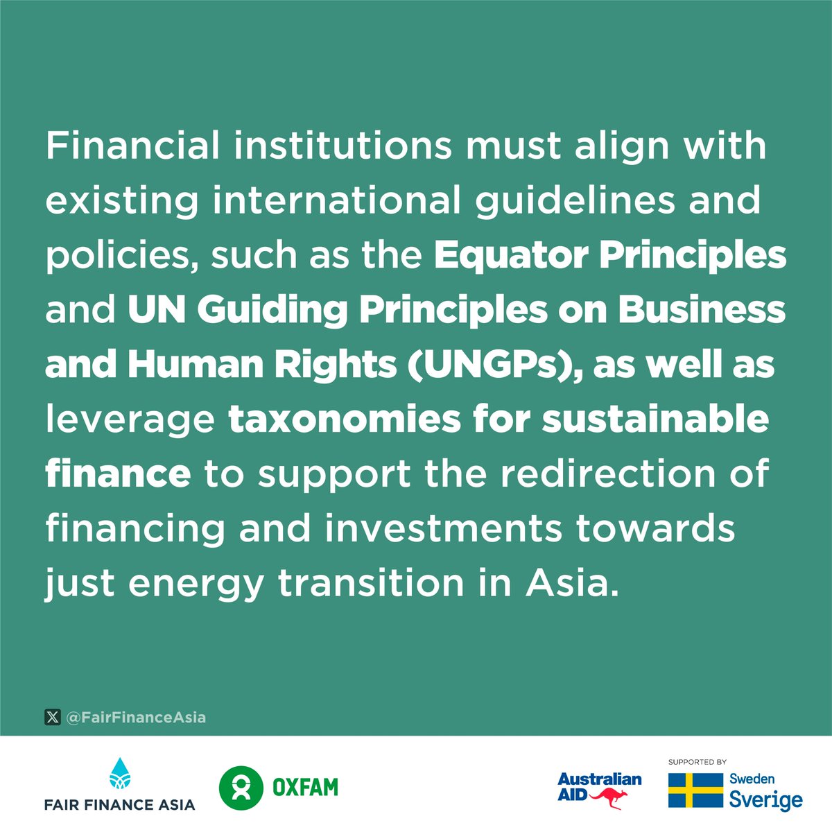 FairFinanceAsia's tweet image. Financial institutions can accelerate #Asia’s #justenergytransition by aligning w/intl guidelines like #EquatorPrinciples &amp;amp; #UNGPs that inform the #FairFinanceGuideInternational Methodology used by FFA coalitions

Learn more via our new JET Policy toolkit: bit.ly/JETpolicytoolk…