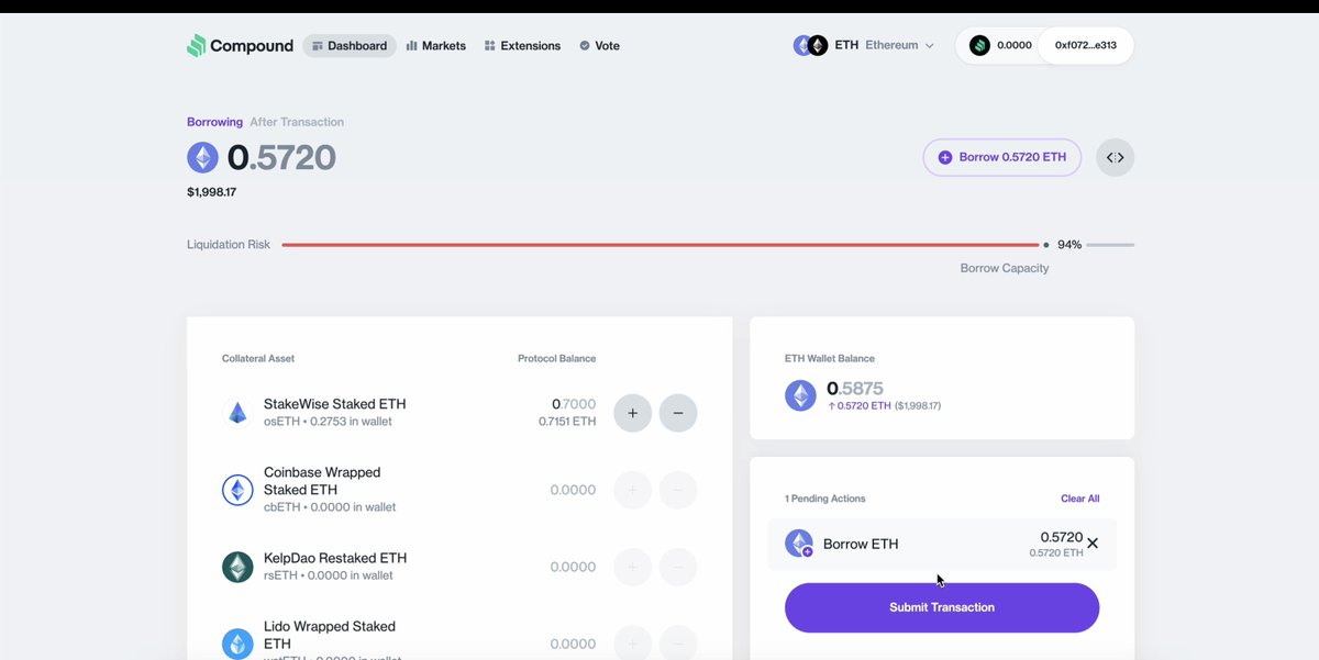 stakewise_io's tweet photo. @compoundfinance 2/ 🖱️ Press “Borrow ETH”, then insert the desired amount, and press “Add Action”
🧐 Review the liquidation point, borrow rate, and risk level
▶️ If all looks good, press “Submit Transaction” to approve the proxy contract & the ETH borrow https://t.co/eWFXXNXeJT