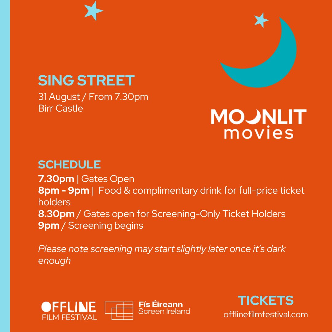 OFFlineFilmFest's tweet photo. 🌙 Moonlit Movies @BirrCastle 
SCHEDULE &amp; FOOD
🗓️ 30 &amp; 31 August

Food by The Courtyard Café @BirrCastle 

🎟️ Start at €10 (screening only) or €25 (full price incl food)

https://t.co/mPGQlFdk0K

Moonlit Movies is thanks to funding from @ScreenIreland https://t.co/Rb5CgoVyR4