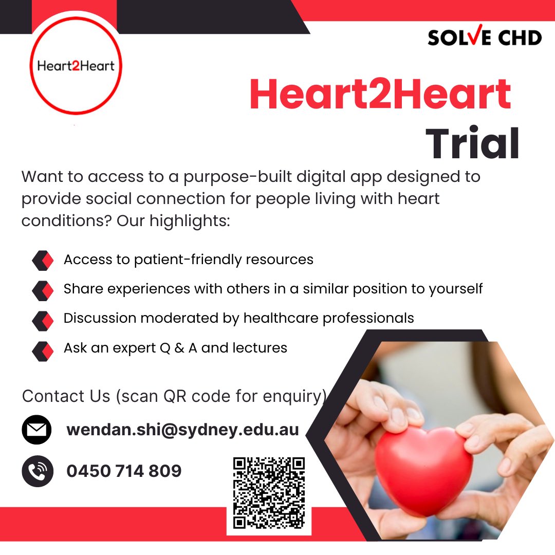 We are running a trial which includes access to a purpose-built digital app designed to provide social connection for people living with heart disease. Submit your enquiry here: redcap.sydney.edu.au/surveys/?s=93D…
