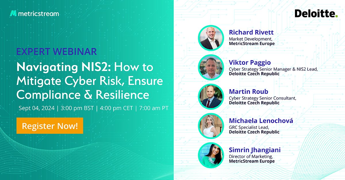 Enhance your understanding of #NIS2 directive with our comprehensive webinar on Sep 04. Experts from Deloitte and MetricStream will discuss NIS2’s scope, primary requirements, role of technology in compliance, and much more. hubs.li/Q02JRPrc0
#cyberrisk #cybercompliance