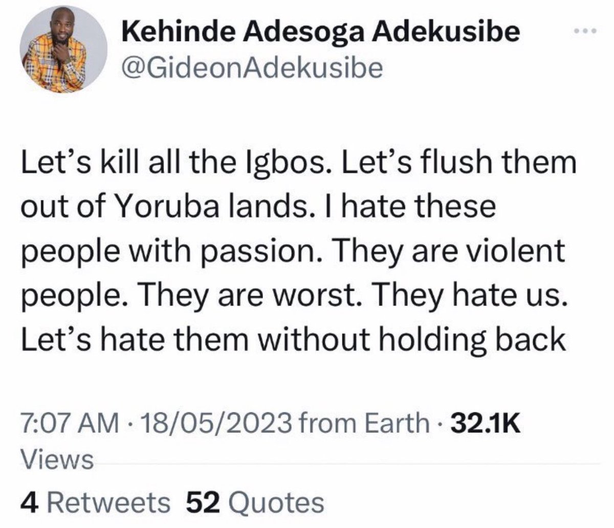 Yorubas did not call for All igbos to be k!lled, Kehinde did.
Igbos did not call for Yorubas to be poisoned, Amaka did. 
Yorubas did not call for igbos to be thrown into lagoon, Oba did.

Make a strong Law &amp; deal with bigotry on individual basis

The Rest of Us, All Eyes on BAT!