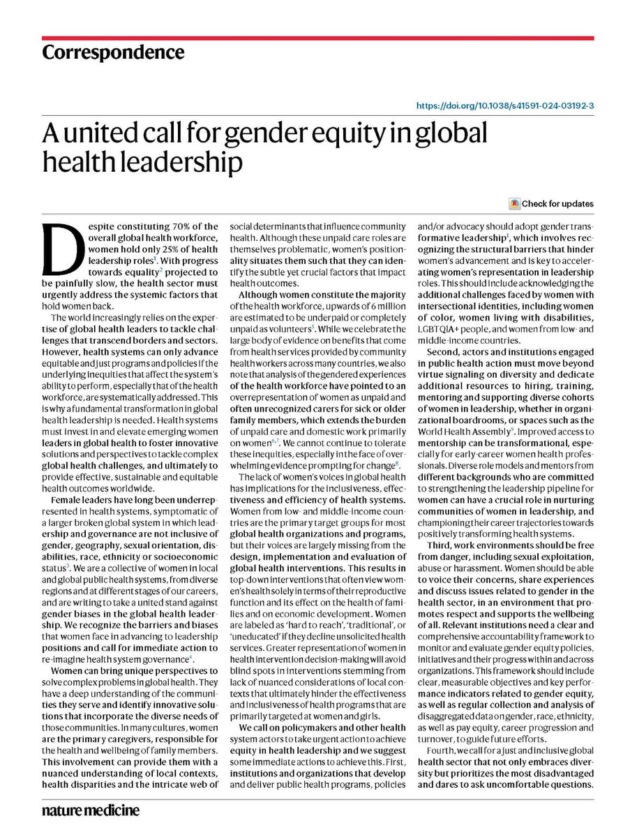 Muhia Joy (@muhiajoy) on Twitter photo New publication in <a href="/NatureMedicine/">Nature Medicine</a> calling on gender equity in global health leadership with colleagues from <a href="/iwgforhss/">IWG for Health Systems Strengthening</a> and <a href="/womeninGH/">Women In Global Health</a>
🚩nature.com/articles/s4159… New publication in <a href="/NatureMedicine/">Nature Medicine</a> calling on gender equity in global health leadership with colleagues from <a href="/iwgforhss/">IWG for Health Systems Strengthening</a> and <a href="/womeninGH/">Women In Global Health</a>
🚩nature.com/articles/s4159…
