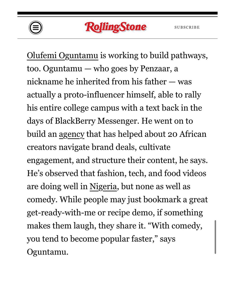 Building pathways for African creators has been a passion of mine, and it’s truly rewarding to see my agency @penzaarville help creators successfully navigate the landscape and achieve their goals. 
Thanks <a href="/RollingStone/">Rolling Stone</a> for this feature. 
Let’s do more.
#TheUpAndDownFellow