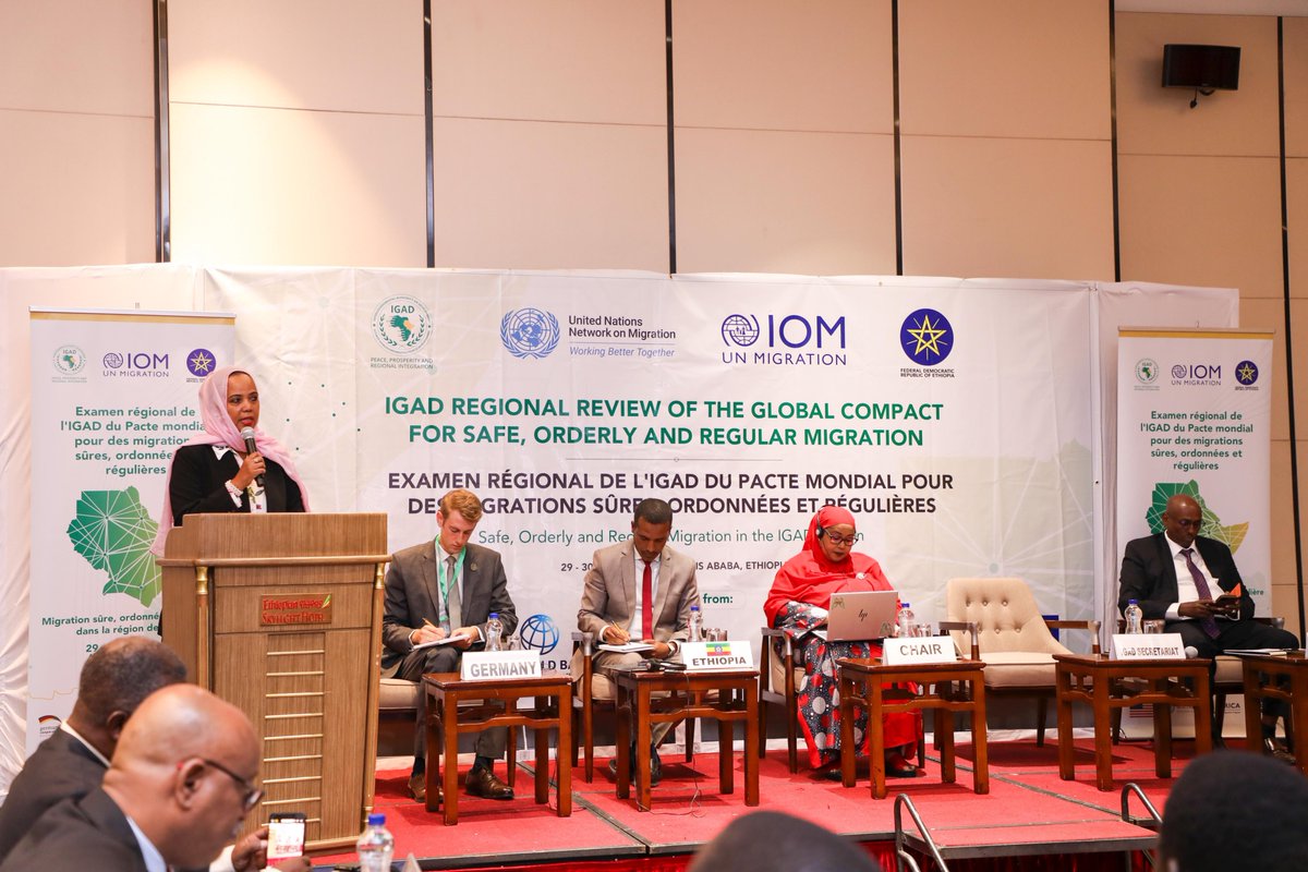IGADHealthS's tweet photo. #IGADMigration #GlobalCompact4Migration
The opening Ceremony of the IGAD Regional Review of the Global Compact meeting for Safe, Orderly and Regular Migration, in Addis Ababa, Ethiopia.
“I wish to highlight some progresses that have been made across the IGAD region to advance the implementation of the Global Compact: One is the adoption of the IGAD protocols on free movements of persons and transhumance. Second, the establishment of the Regional Migration Data, Technical Working Group, which aims to improve the collection, analysis, and sharing of migration data by harmonizing methodologies and enhancing technical capacity of member states to support the development of data driven policies. Through the working group, the first edition of the IGAD Migration Statistics report was launched in 2022. The second edition of the report is currently under development. Third is the operationalization of the IGAD Migration Fund, specifically the roll out of the window I for migrants. Fourth is the adoption of the Kampala Ministerial Declaration on Migration, Environment, and Climate Change Capacity Building in 2022 by IGAD and EAC countries.”
Opening Remarks, @FathiaAlwan, Director of Health and Social Development Division, on behalf of @DrWorkneh , Executive Secretary of IGAD
@IOMRONairobi @DjiboutiIom @IOMEthiopia @giz_gmbh @EU_Partnerships @WorldBank @UNmigration