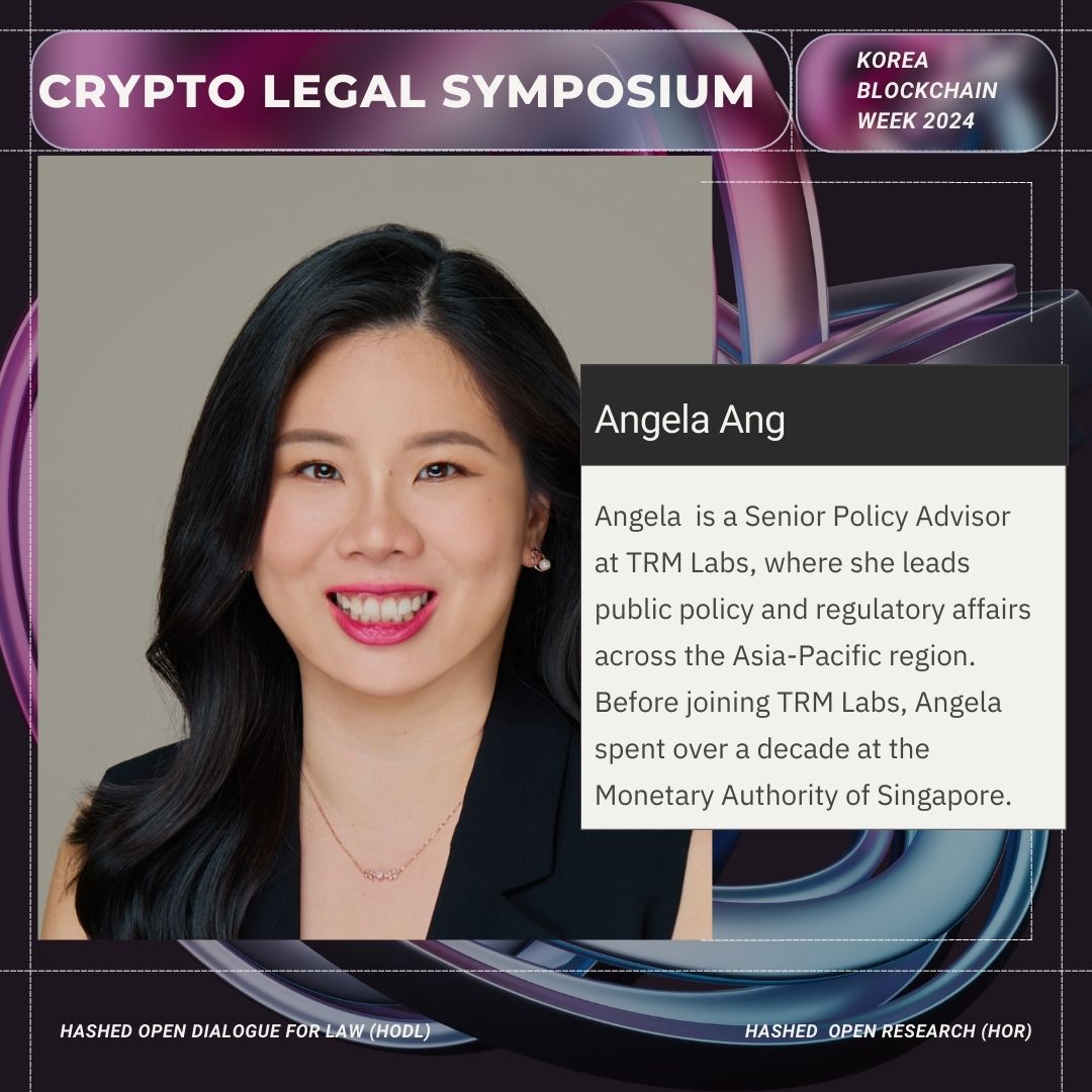 Meet Angela Ang (<a href="/policyfoodie/">Angela Ang</a>) , our next featured speaker for the Crypto Legal Symposium! 🌟

Angela is a Senior Policy Advisor at <a href="/trmlabs/">TRM Labs</a>, where she leads public policy and regulatory affairs across the Asia-Pacific region. At TRM Labs, a blockchain intelligence company,