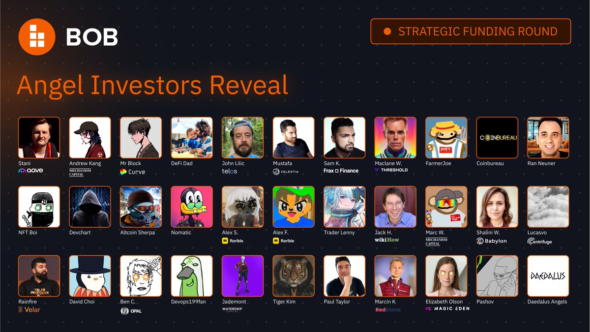 BOB (@build_on_bob) on Twitter photo DeFi leaders, Ordinals pioneers, top innovatorsโbacking <a href="/build_on_bob/">BOB</a>.
Revealing our BOB angels ๐ผ๐
<a href="/StaniKulechov/">Stani.eth</a> @cryptoRunNeuner <a href="/FarmerJoe0x/">FarmerJoe ๐โฎ๏ธ</a> <a href="/mrblocktw/">ๅๅกๅ
็ ๐ก โ ๏ธ (rock #58)</a> <a href="/nftboi_/">NFTboi ๐ฅท</a> <a href="/Rewkang/">Andrew Kang</a> <a href="/AltcoinSherpa/">Altcoin Sherpa</a> <a href="/DeFi_Dad/">DeFi Dad โ  defidad.eth</a> <a href="/insider0x/">Alex Salnikov ๐ก $RARI</a> @chiefoftelos <a href="/nfrTiger/">Tiger Kim</a> <a href="/devchart/">Devchart ๐จ๐ปโ๐ป</a> <a href="/TraderLenny1/">TraderLenny</a> <a href="/shanshan521/">Jademont</a> DeFi leaders, Ordinals pioneers, top innovatorsโbacking <a href="/build_on_bob/">BOB</a>.
Revealing our BOB angels ๐ผ๐
<a href="/StaniKulechov/">Stani.eth</a> @cryptoRunNeuner <a href="/FarmerJoe0x/">FarmerJoe ๐โฎ๏ธ</a> <a href="/mrblocktw/">ๅๅกๅ
็ ๐ก โ ๏ธ (rock #58)</a> <a href="/nftboi_/">NFTboi ๐ฅท</a> <a href="/Rewkang/">Andrew Kang</a> <a href="/AltcoinSherpa/">Altcoin Sherpa</a> <a href="/DeFi_Dad/">DeFi Dad โ  defidad.eth</a> <a href="/insider0x/">Alex Salnikov ๐ก $RARI</a> @chiefoftelos <a href="/nfrTiger/">Tiger Kim</a> <a href="/devchart/">Devchart ๐จ๐ปโ๐ป</a> <a href="/TraderLenny1/">TraderLenny</a> <a href="/shanshan521/">Jademont</a>