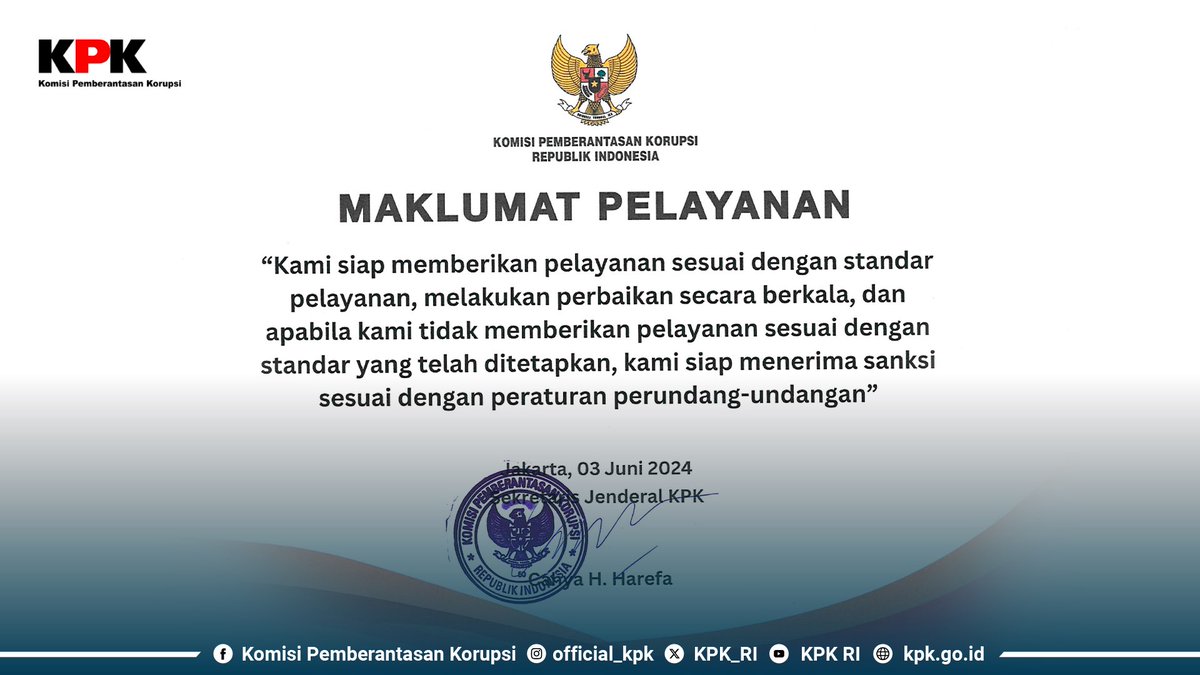 KPK_RI's tweet image. Halo #KawanAksi!

Dalam rangka meningkatkan kualitas Pelayanan Publik, Komisi Pemberantasan Korupsi berkomitmen untuk selalu memberikan pelayanan sesuai standar dan melakukan perbaikan secara berkala sebagaimana tertuang dalam maklumat pelayanan kami.
#PIPKPK
#PelayananPublikKPK