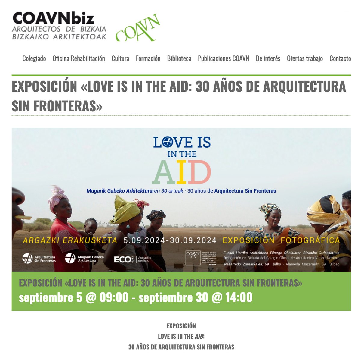 Bilbo, hemen gaituzu! 👋

📌 Delegación en Bizkaia del Colegio Oficial de Arquitectos Vasco Navarro (Av Mazarredo 69, Bilbao)
🗓️ 5-30 septiembre
🕛 Lunes-viernes, de 9 a 14h

ℹ️ bit.ly/4dxUf6h

#LoveIsInTheAid #Exposición #Fotografía #Bilbao #30añosConstruyendoDerechos