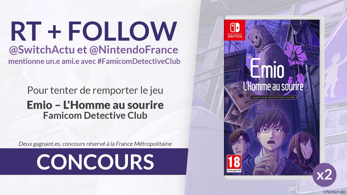 Switch-Actu.fr 2️⃣ (@switchactu) on Twitter photo #CONCOURS - Tente de gagner le jeu Emio – L'Homme au sourire : Famicom Detective Club sur Nintendo Switch. Deux gagnant.e.s seront tiré.e.s au sort !
Pour participer :
🔁 RT ce post
👉 FOLLOW <a href="/SwitchActu/">Switch-Actu.fr 2️⃣</a> et <a href="/NintendoFrance/">Nintendo France</a>
👋 Mentionne un.e ami.e avec #FamicomDetectiveClub #CONCOURS - Tente de gagner le jeu Emio – L'Homme au sourire : Famicom Detective Club sur Nintendo Switch. Deux gagnant.e.s seront tiré.e.s au sort !
Pour participer :
🔁 RT ce post
👉 FOLLOW <a href="/SwitchActu/">Switch-Actu.fr 2️⃣</a> et <a href="/NintendoFrance/">Nintendo France</a>
👋 Mentionne un.e ami.e avec #FamicomDetectiveClub