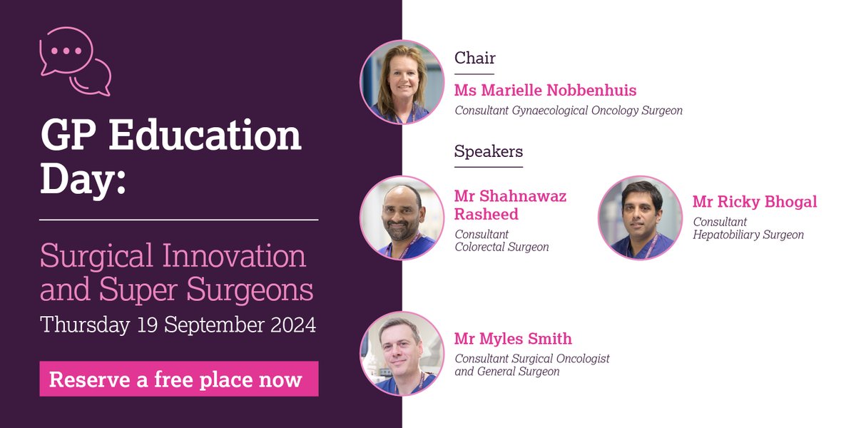 The Royal Marsden is hosting its next GP Education event on 19 September at Cavendish Conference Centre, focusing on the latest surgical innovation for cancers.
 
For more information or to book your free place: shorturl.at/iBSBJ

#RoyalMarsden #SuperSurgeons