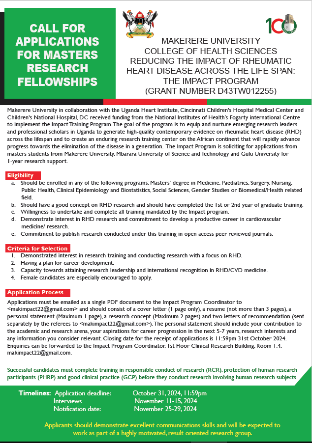 #ApplyNow 📢-The Impact Program on Rheumatic Heart Disease (RHD) is now accepting applications for its Masters Research Fellowship. The program aims to nurture emerging research leaders in Uganda to generate high-quality evidence on RHD across the lifespan. See advert 👇
#EndRHD