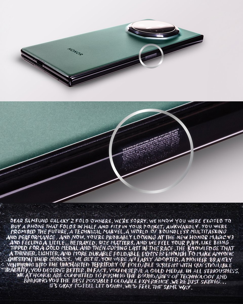 MaxJmb's tweet image. .@Honorglobal  just took a playful jab at Samsung by engraving a tiny 166-word apology on the hinge of their new foldable, the Magic V3. The message is so small you need a microscope to read it. A cheeky way to say, “Sorry, Samsung, we’ve gone even thinner.”