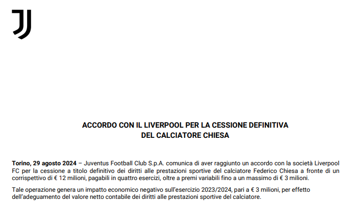 central_lfc_br's tweet photo. A Juventus confirmou que a taxa de €12 milhões da transferência de Federico Chiesa será paga pelo Liverpool em 4 parcelas. https://t.co/0c8nFZ2T1M