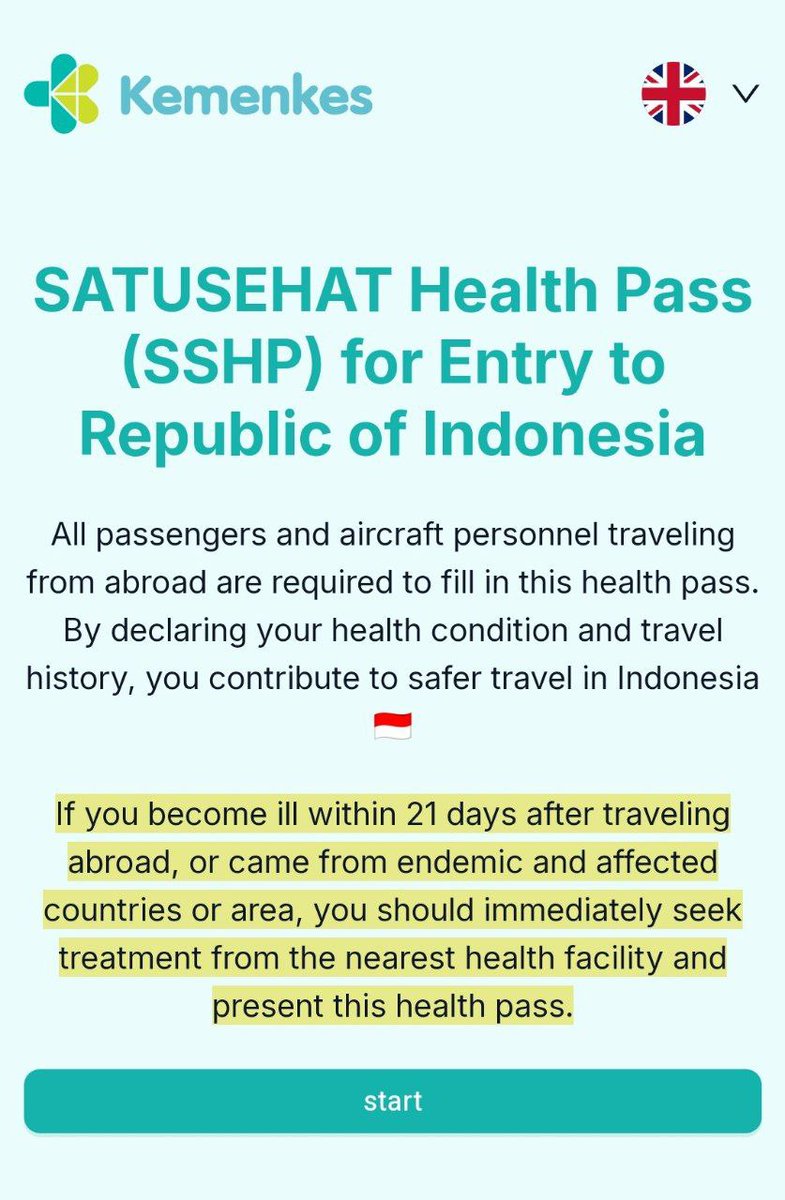 ‼️من تاريخ 29 أغسطس أقرت وزارة الصحية الإندونيسيه مطلب تعبئة الإفصاح الطبي للقادمين من خارج البلاد
وهو عبارة عن معلومات شخصية وعن الرحلة وعن بعض الأعراض الظاهره على المسافر الداخل للبلد وهذا الرابط 👇

‼️sshp.kemkes.go.id