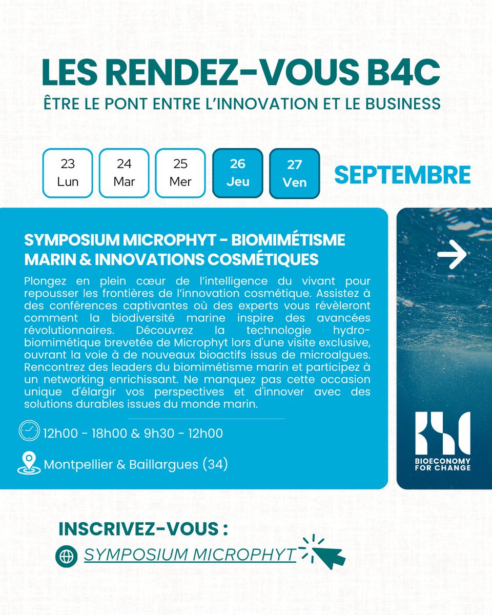 🌊 Symposium <a href="/Microphyt/">Microphyt</a> - Biomimétisme Marin &amp; Innovations Cosmétiques 🌊

📅 Dates : 26-27 septembre 2024
📍 Lieu : Montpellier, France
💬 Langue : Français

⚠️ Places limitées - Inscrivez-vous dès maintenant et ne manquez pas cette opportunité unique : lnkd.in/eufueCtG