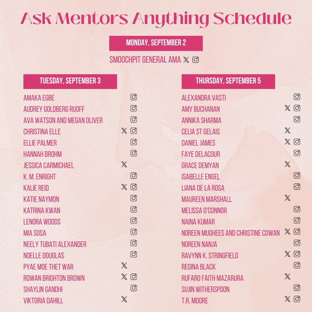 Let’s get some AMAs going!!! 

We know narrowing down that mentor list is hard. If you have any questions, here’s when and where you can find the mentor AMAs. You can reach out to us for general questions on Sept 2!

#WritingCommmunity #mentorship #amwritingromance