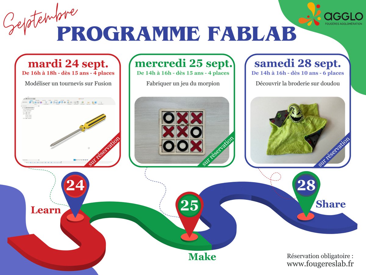 On repasse en horaire classique, et le programme de la rentrée fait peau neuve ! 🐍
Au programme chaque mois, des animations variées dans la philosophie des fablabs "LEARN", "MAKE" et "SHARE".

PS : le fablab sera fermé du 18 au 21 septembre 2024
