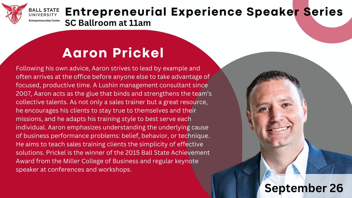A great opportunity for Business, Human Resource, and Sales Majors!

Join us this Thursday to meet our special guest speaker, Aaron Prickel 📈

Come, welcome him, and learn how YOU can solve the most complicated problems with the simplest of solutions.