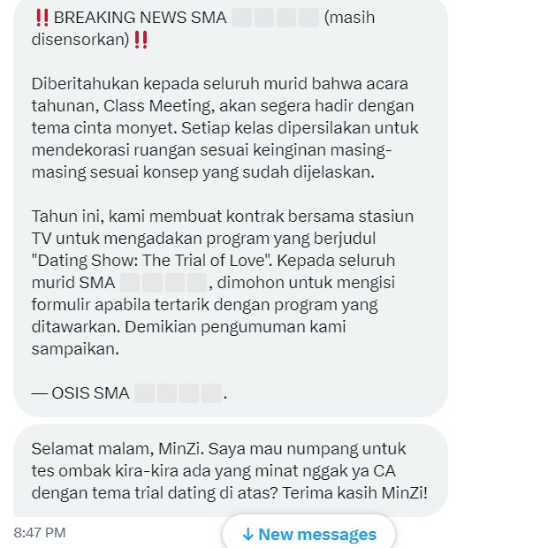 TTCA2D's tweet image. [ TEST OMBAK ]

SIAPA MAU CA SEKOLAHAN NIH...? TEMANYA TRIAL DATING YA. 💌