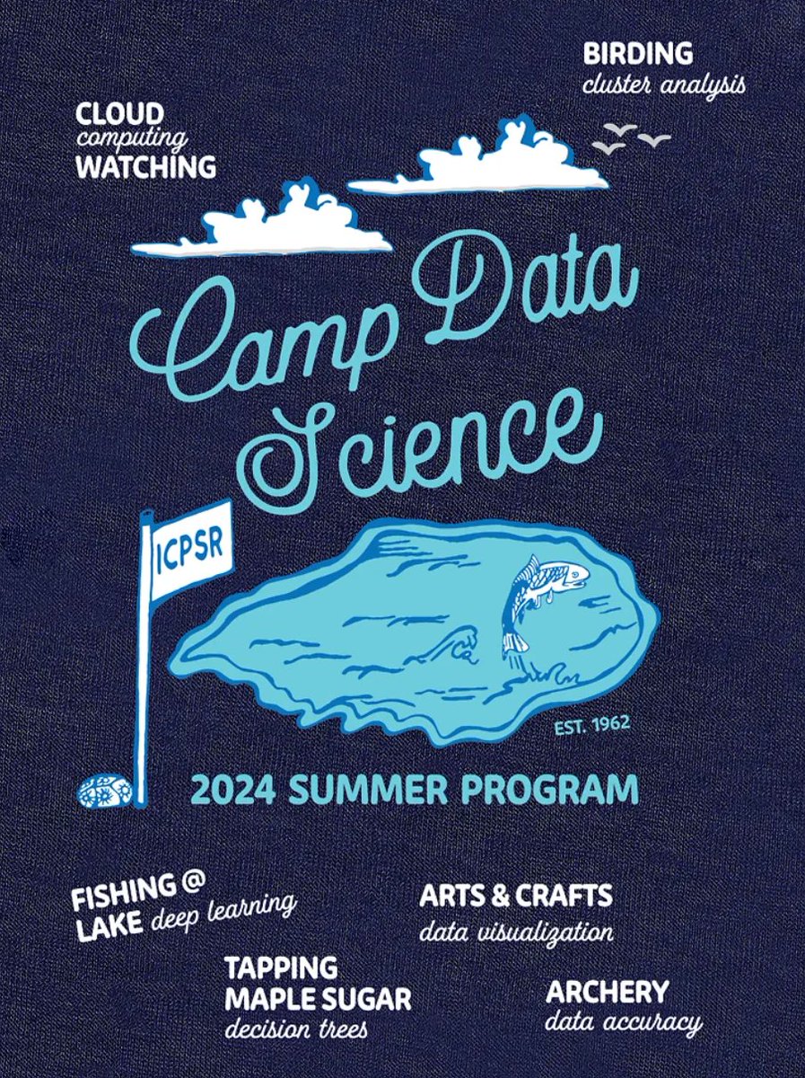 Excited that my design was voted as the <a href="/ICPSRSummer/">ICPSR Summer Program</a> 2024 T-shirt! Fav details:
-The Petoskey stone, which I enjoyed digging up on the shores of Lake Michigan 🌊
-My hidden initials
-Camp-themed activities, brainstormed w/ fellow TAs
-Splash of color via <a href="/ICPSR/">ICPSR</a> 🎒#CampDataScience