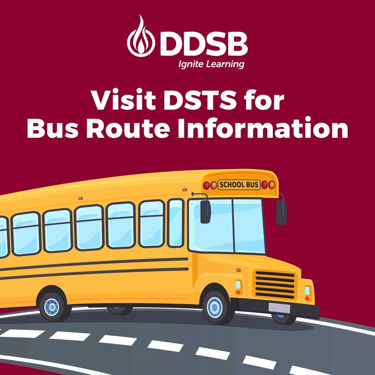 Bus route information for the school year now available!

Tentative bus stop location, pick-up, &amp; drop-off times available at 905-666-6979 or DSTS parent portal. 
Please note, parents/guardians will need child's OEN # for parent portal login.

Visit dsts.on.ca