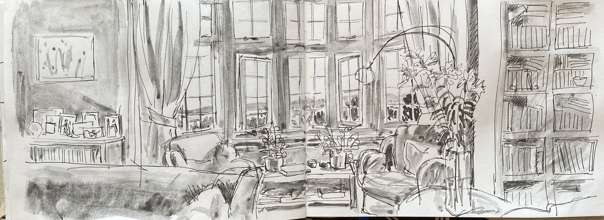 Our window looking out across the hills. Fineliner and soluble graphite. Day 29 of #drawingaugust #window #sketchbook