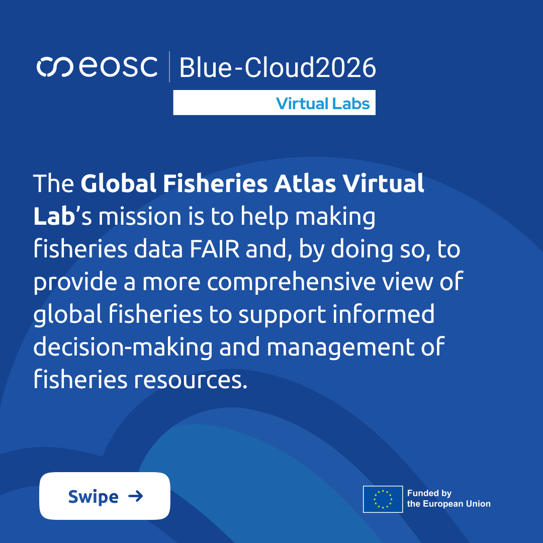 BlueCloudEU's tweet image. 🐟 Fisheries data can be hard to access, but the Global Fisheries Atlas #VLab is changing that!

#BlueCloud2026 provides a single, FAIR-compliant portal to discover and understand global fish stocks and fisheries 🌍

Learn more in our factsheet! ➡️ shorturl.at/2MBJ5
