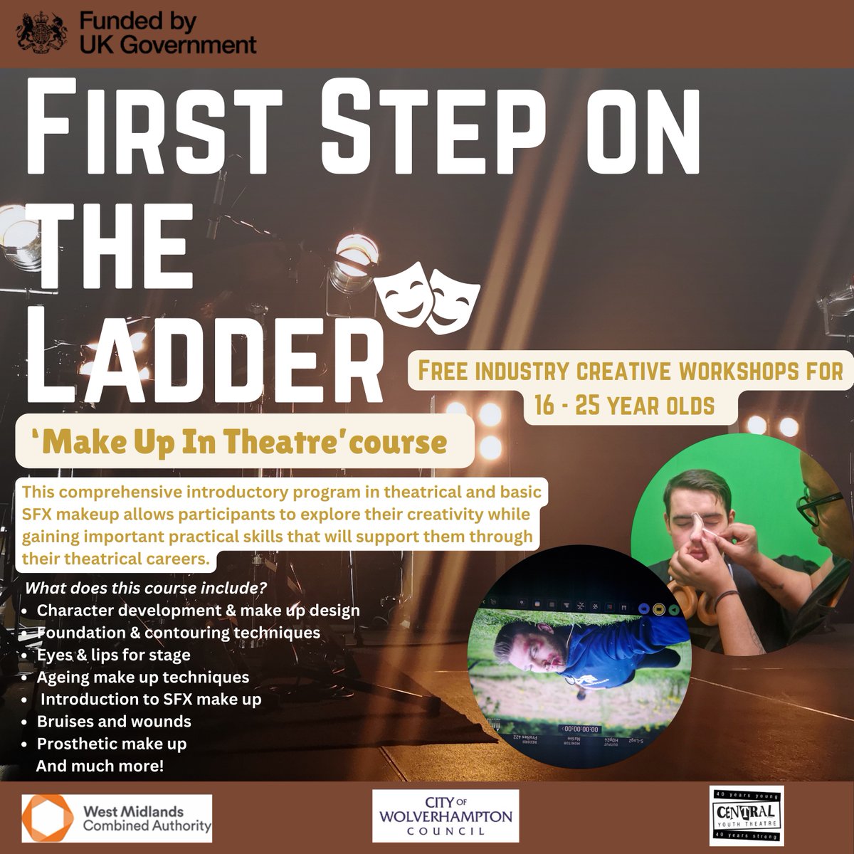 First Step On The Ladder is a community project that will provide young people aged 16-25 the opportunity to gain valuable knowledge in the critical and exciting roles of theatre production.

You can now sign up for the Make Up In Theatre course! forms.gle/sK6b2MF8rjdXnQ…
