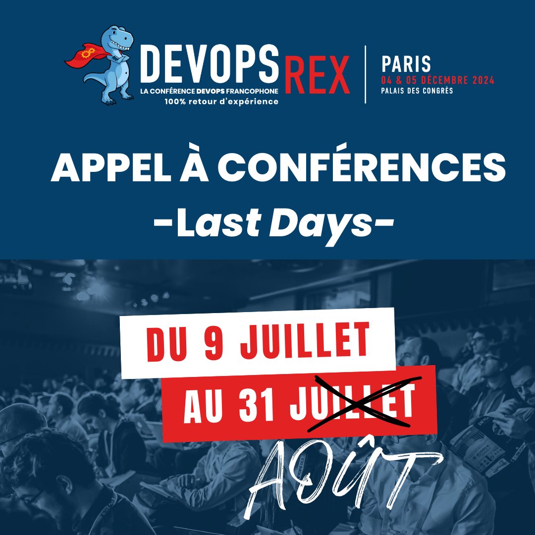 🔵 Vous souhaitez partager votre retour d'expérience devops ou devsecops?
Profitez des prolongations jusqu'au 31 août et proposez votre conférence 👉 devopsrex.fr/fr/cfp
A bientôt ✌ 
#devops #devsecops #conference #cfp #paris