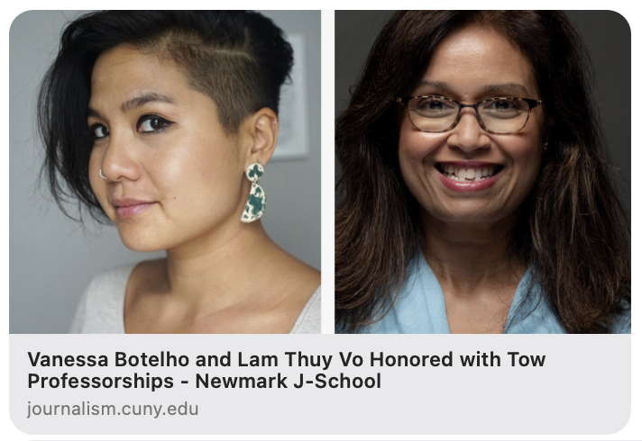 Amplifying career highlights of South Asian journos in US/Canada #SAJAerUpdates.

Congrats to SAJAer <a href="/VBotelhotv/">Vanessa Botelho</a> and SAJA friend <a href="/lamthuyvo/">Lam Thuy Vo</a> on their new Tow Professorships at <a href="/newmarkjschool/">Newmark J-School</a>! 
journalism.cuny.edu/2024/08/vaness…

Send us your updates! president@saja.org
39/