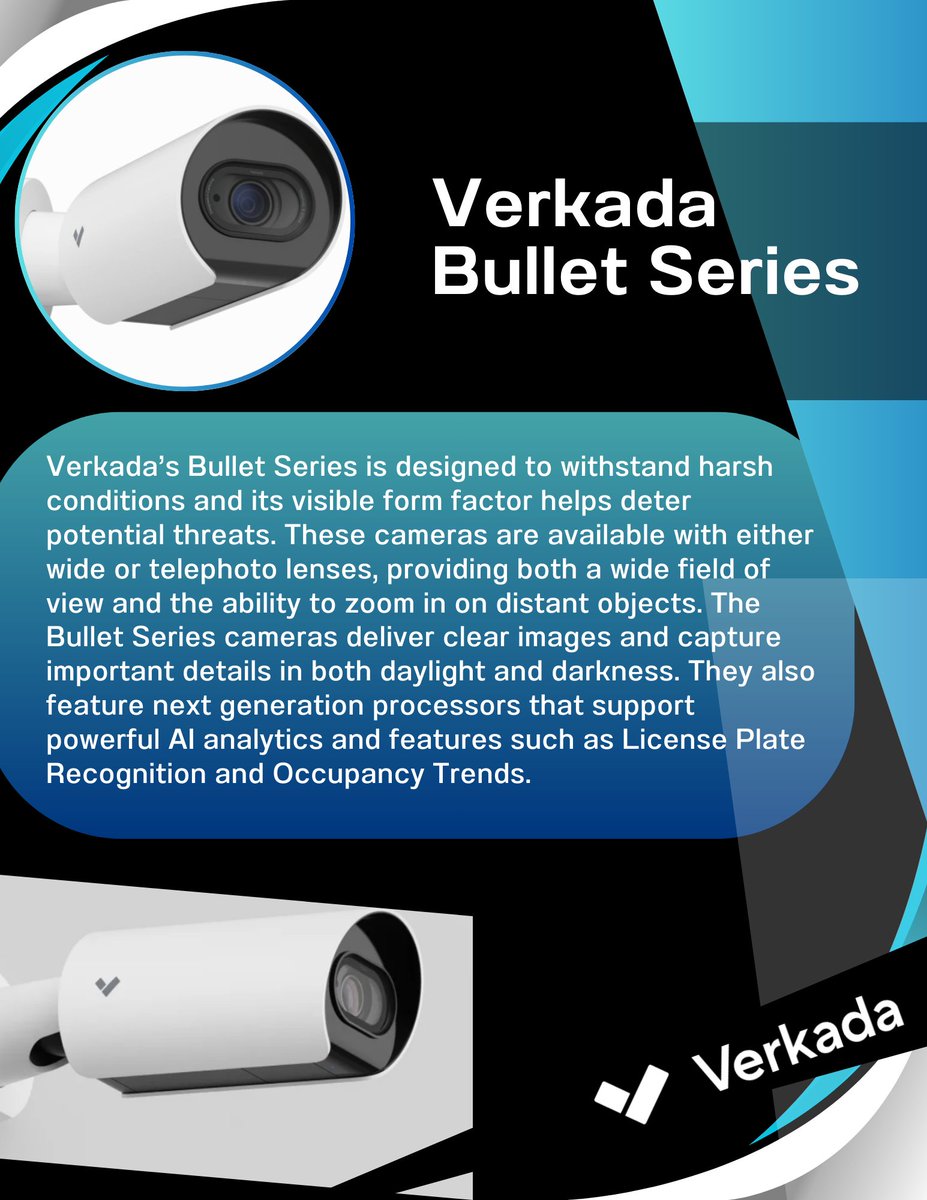 OptimaComm's tweet image. The Verkada’s Bullet Series cameras deliver clear images and capture important details in both daylight and darkness. They also feature next gen processors that support powerful AI analytics and features such as License Plate Recognition. bit.ly/3RtTUbG