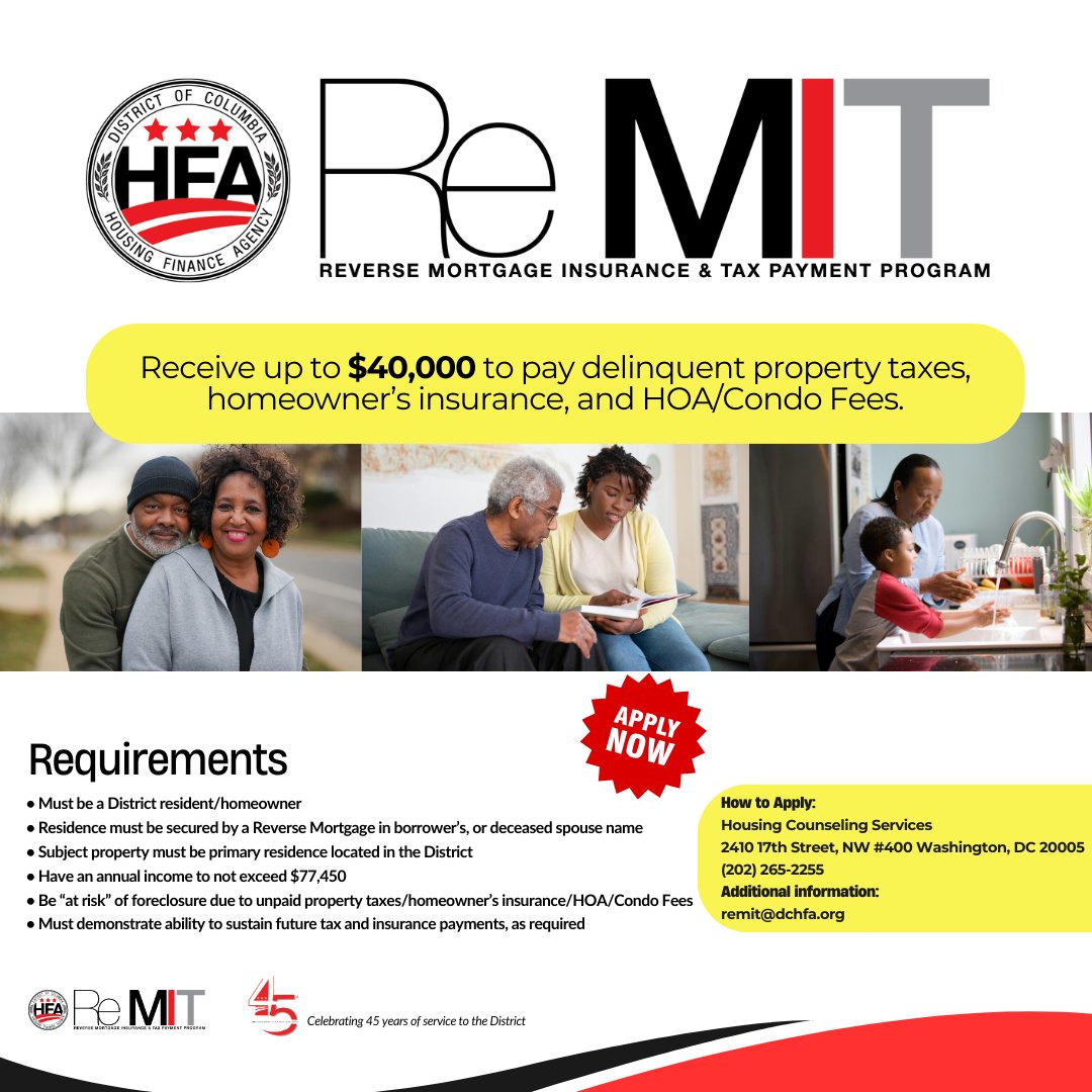 DCHFA's tweet photo. DCHFA’s Reverse Mortgage Insurance &amp; Tax Payment Program (ReMIT) has been relaunched, allowing eligible D.C. seniors to receive up to $40K in homeownership foreclosure prevention assistance.

Submit your application to @HCSINC today!

Learn more: https://t.co/f8Vw7qg2jp https://t.co/1JEpta6sc1