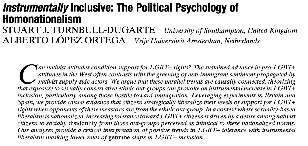 From our new issue: "Instrumentally Inclusive: The Political Psychology of Homonationalism" by Stuart Turnbull-Dugarte and Alberto López Ortega. #ASPRNewIssue

cambridge.org/core/journals/…