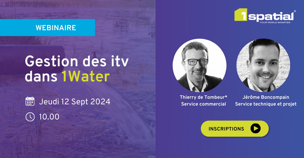 Découvrez la gestion des ITV (inspection télévisée) des réseaux d'#assainisement dans #1Water. En webconférence le 12 septembre, à 10H00. 
Inscrivez-vous ici : 1spatial.com/fr/news-evenem…

#data #solutions1spatial #arcopolepro #SIG #utilities #eau #curage #InspectionTélévisée