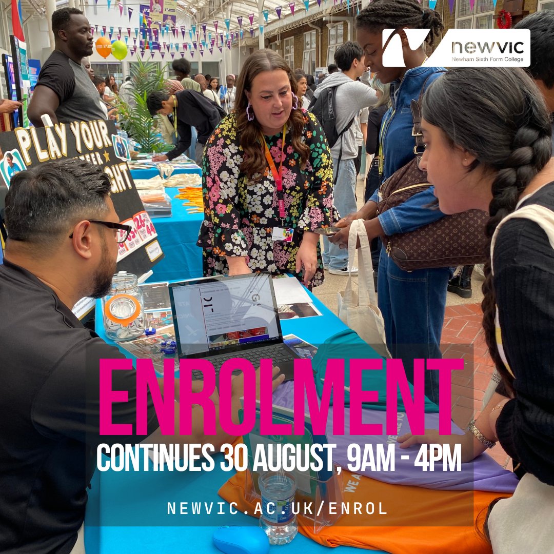 Courses are filling up!

Enrolment dates/times:

Fri 30 Aug, 9am - 4pm
Mon 2 Sep, 9am - 5pm

There's still time to come in and enrol with us. Check what you need to bring with you 🔗 newvic.ac.uk/enrol

 ☎️ Enrolment hotline 020 7540 6999