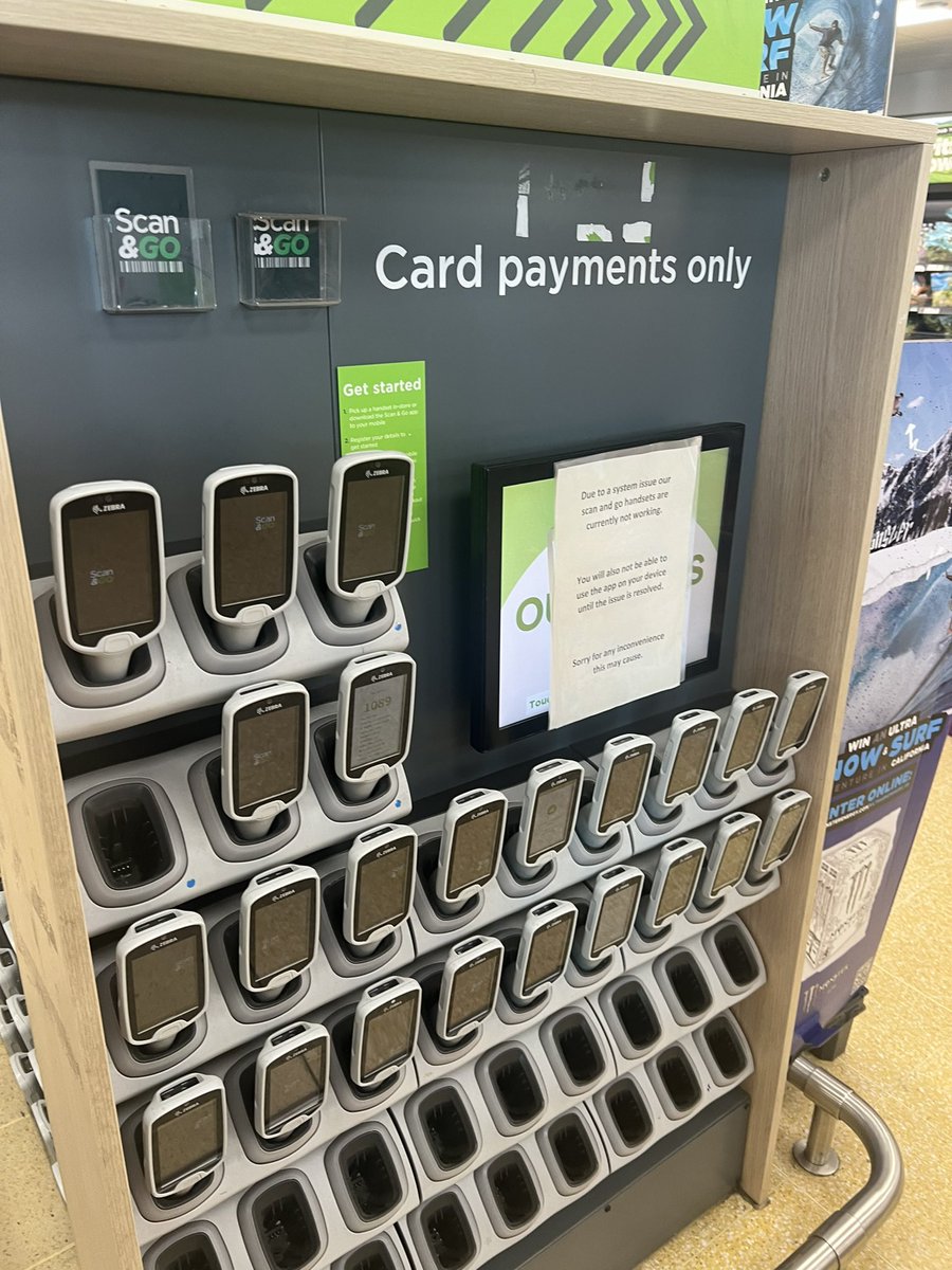 decgarrett's tweet photo. Can @AsdaServiceTeam help? Your Weston-super-Mare store had this sign on the self scan which I wasn’t super pleased about but did my big shop anyway only to get the the checkouts and find only 3 staffed. So I had to unload and scan myself my whole shop 🤷🏻‍♂️ why no extra staff on? https://t.co/O47QeXKBHf
