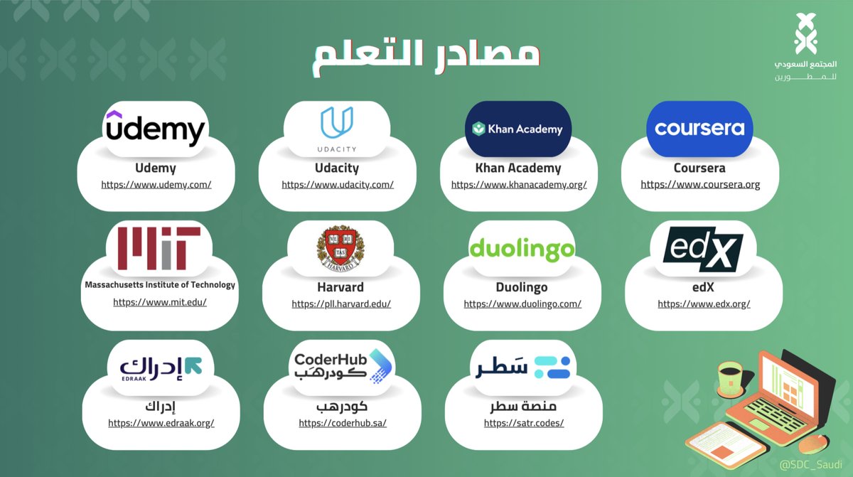 إلى جميع الأشخاص المهتمين بالتعلم الذاتي📣

هذه بعض المواقع التي توفر كورسات بمختلف المجالات، للتعلم الذاتي🚀

نتمنى لكم النجاح في رحلتكم نحو التميز والإبداع!💚

#SDC_Saudi
#إنطلاقة_واعدة