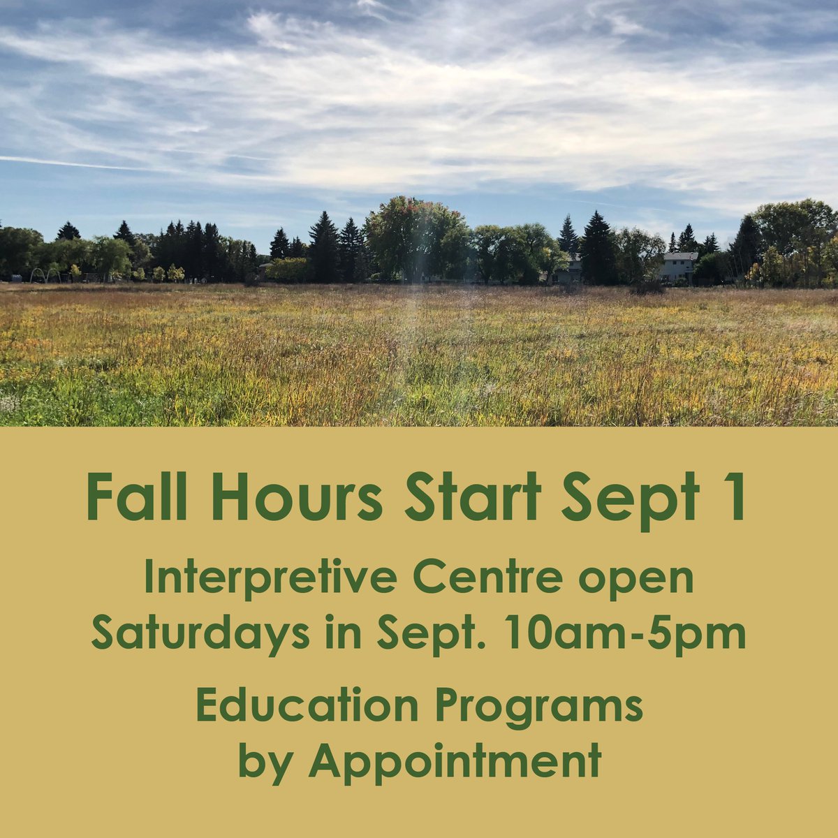 The season is changing and so are our hours! Interpretive Centre is open this Sat. and every Sat. in Sept. 10am-5pm. We will be closed Sun. and Mon. of this long weekend. Trails are open every day dawn till dusk. Contact us for fall group bookings and education programs.