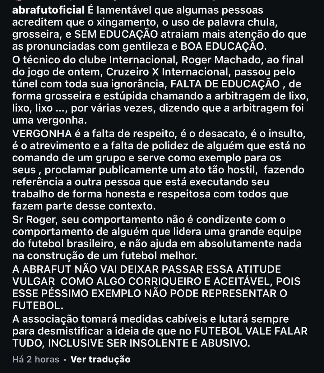 _olucasdias's tweet image. ⚠️ A ABRAFUT (Associação de Árbitros de Futebol do Brasil), divulgou uma nota criticando a postura do técnico Roger Machado na saída de campo ontem. 

Na ocasião, o técnico colorado esbravejou, protestou e chamou a arbitragem de “lixo”. 

“A associação tomará medidas cabíveis e…