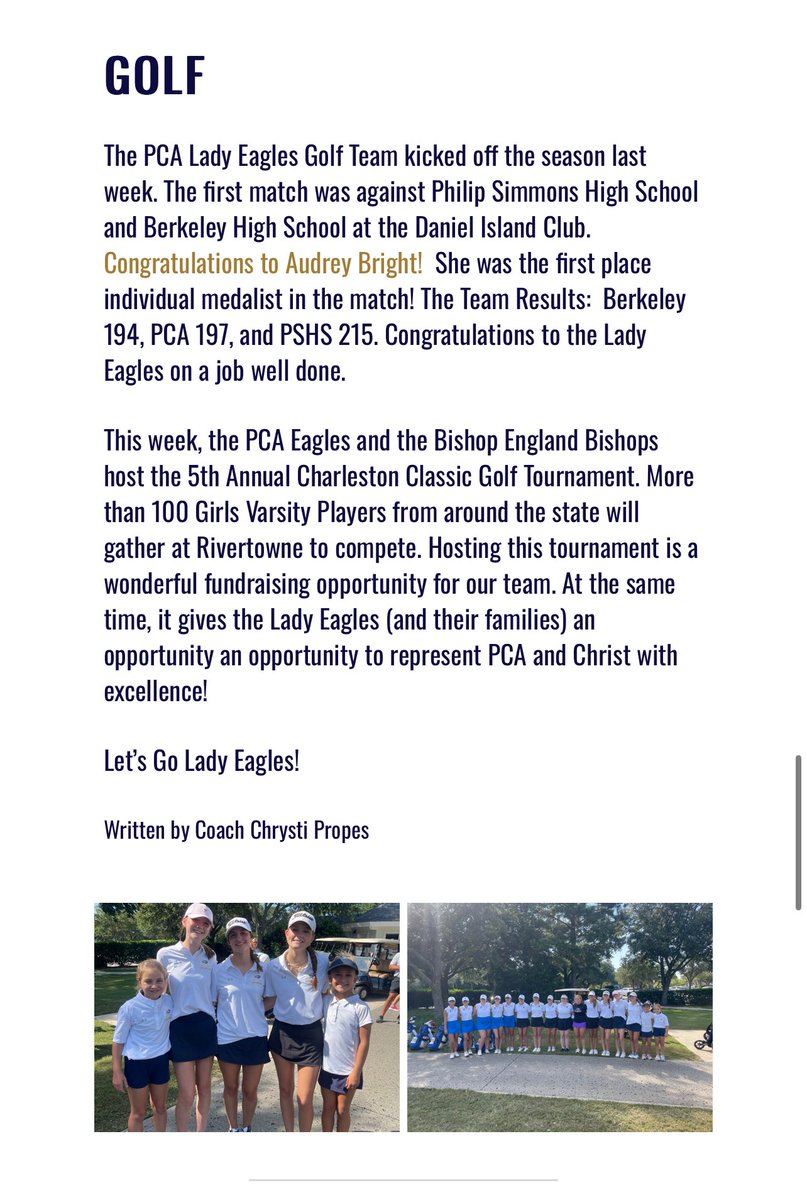 A nice shoutout in this weeks athletic newsletter!! Shot a new personal best of 41 and was the individual medalist 🏌️‍♀️