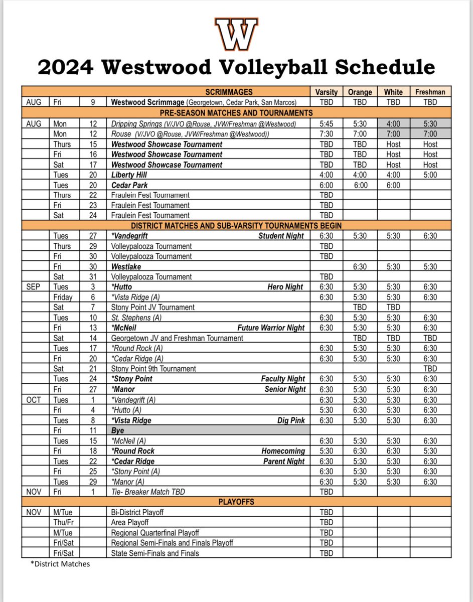 Westwood Game Schedule!! Hope to see you there!! 🏐🔥👌💪