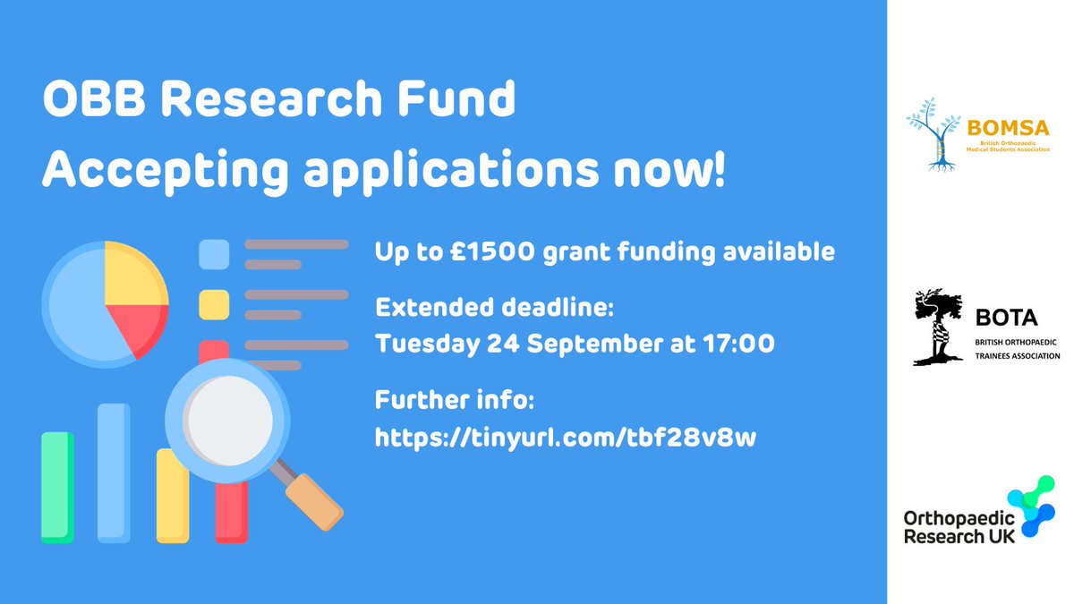 Orthopaedic Research UK (@or_uk) on Twitter photo 1 week is left to apply for our joint OBB Research Fund with <a href="/BOMSA_UK/">British Orthopaedic Medical Students Association</a> & <a href="/bota_uk/">BOTA</a>.
Up to £1,500 seed funding will be awarded to medical students & FY doctors for short clinical or laboratory research projects.
Apply by Tuesday 24 September, 5pm: oruk.org/joint-obb-rese… 1 week is left to apply for our joint OBB Research Fund with <a href="/BOMSA_UK/">British Orthopaedic Medical Students Association</a> & <a href="/bota_uk/">BOTA</a>.
Up to £1,500 seed funding will be awarded to medical students & FY doctors for short clinical or laboratory research projects.
Apply by Tuesday 24 September, 5pm: oruk.org/joint-obb-rese…