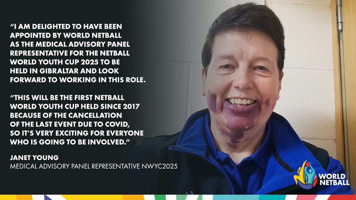 WorldNetball_'s tweet photo. World Netball has today announced Janet Young as the Medical Advisory Panel Representative for the Netball World Youth Cup (@NetballWorldCup) 2025.

Congratulations, Janet!

More here👇

https://t.co/eV0ZWieDUT

#NWYC2025GIB | #TogetherWeRise https://t.co/Rawr1j0NFR