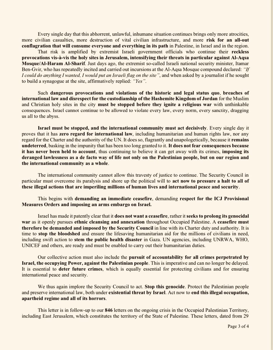 Palestine_UN's tweet image. Read our letter below delivered to the @UN just #NOW: “Worsening Humanitarian Catastrophe in Gaza and Israeli Invasions in the West Bank”👇@antonioguterres @UN_PGA #UNRWA #polio #WestBank #Palestine #Gaza
