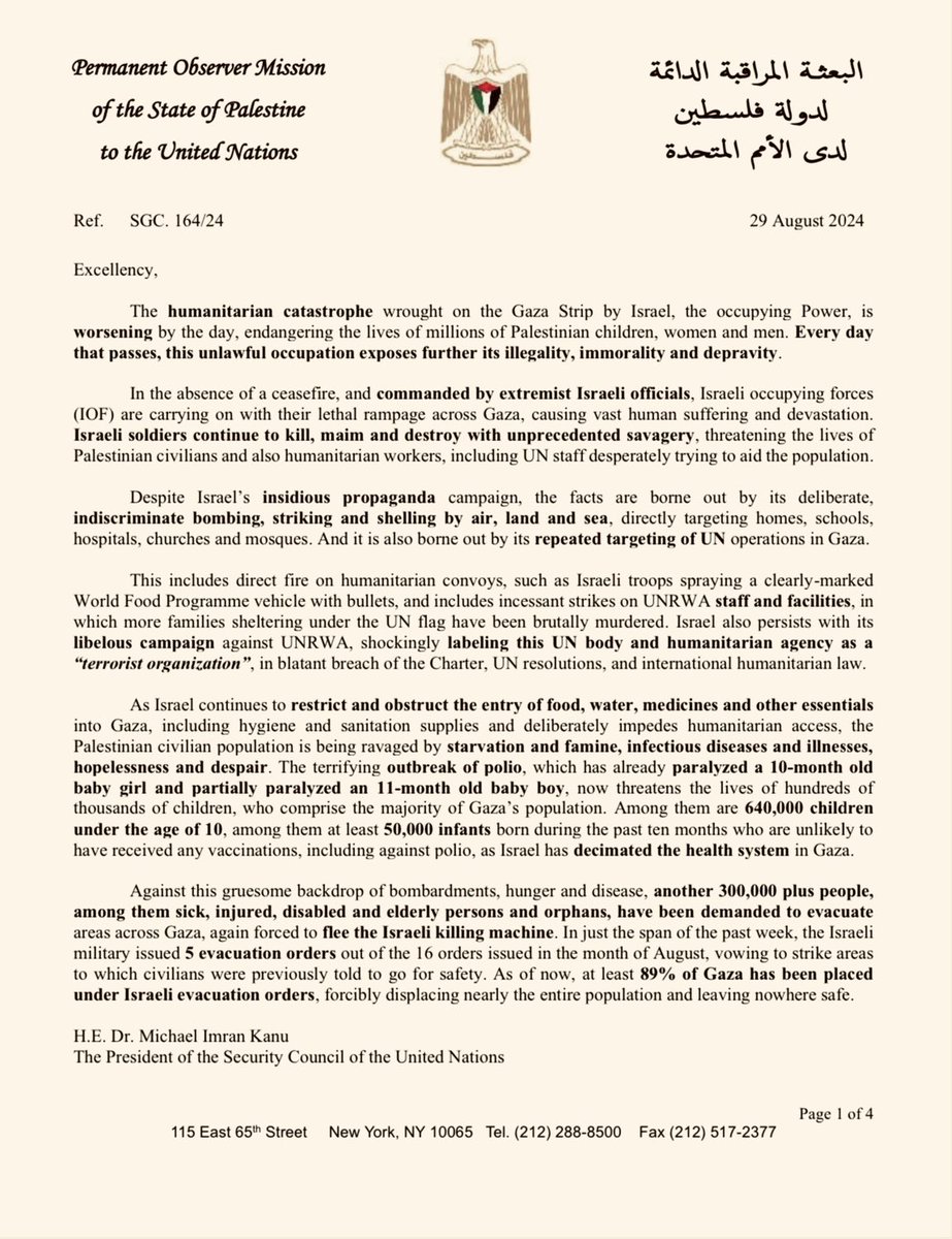 Palestine_UN's tweet image. Read our letter below delivered to the @UN just #NOW: “Worsening Humanitarian Catastrophe in Gaza and Israeli Invasions in the West Bank”👇@antonioguterres @UN_PGA #UNRWA #polio #WestBank #Palestine #Gaza