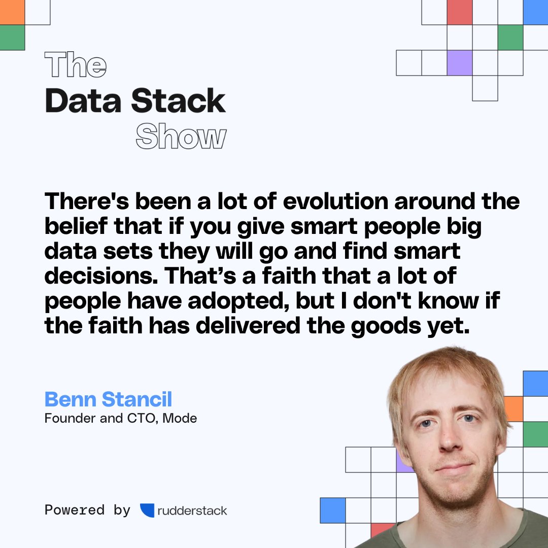 The Data Stack Show (@datastackshow) on Twitter photo This week’s guest, the estimable <a href="/bennstancil/">Benn Stancil</a>, needs no introduction
Tune in for a thoughtful (🌶️ slightly spicy) perspective on data team purpose
Plus:
🔹 What could supplant Excel as we know it?
🔹 What are LLMs are best suited for?
🎧 Listen: spoti.fi/3T4rOVu This week’s guest, the estimable <a href="/bennstancil/">Benn Stancil</a>, needs no introduction
Tune in for a thoughtful (🌶️ slightly spicy) perspective on data team purpose
Plus:
🔹 What could supplant Excel as we know it?
🔹 What are LLMs are best suited for?
🎧 Listen: spoti.fi/3T4rOVu